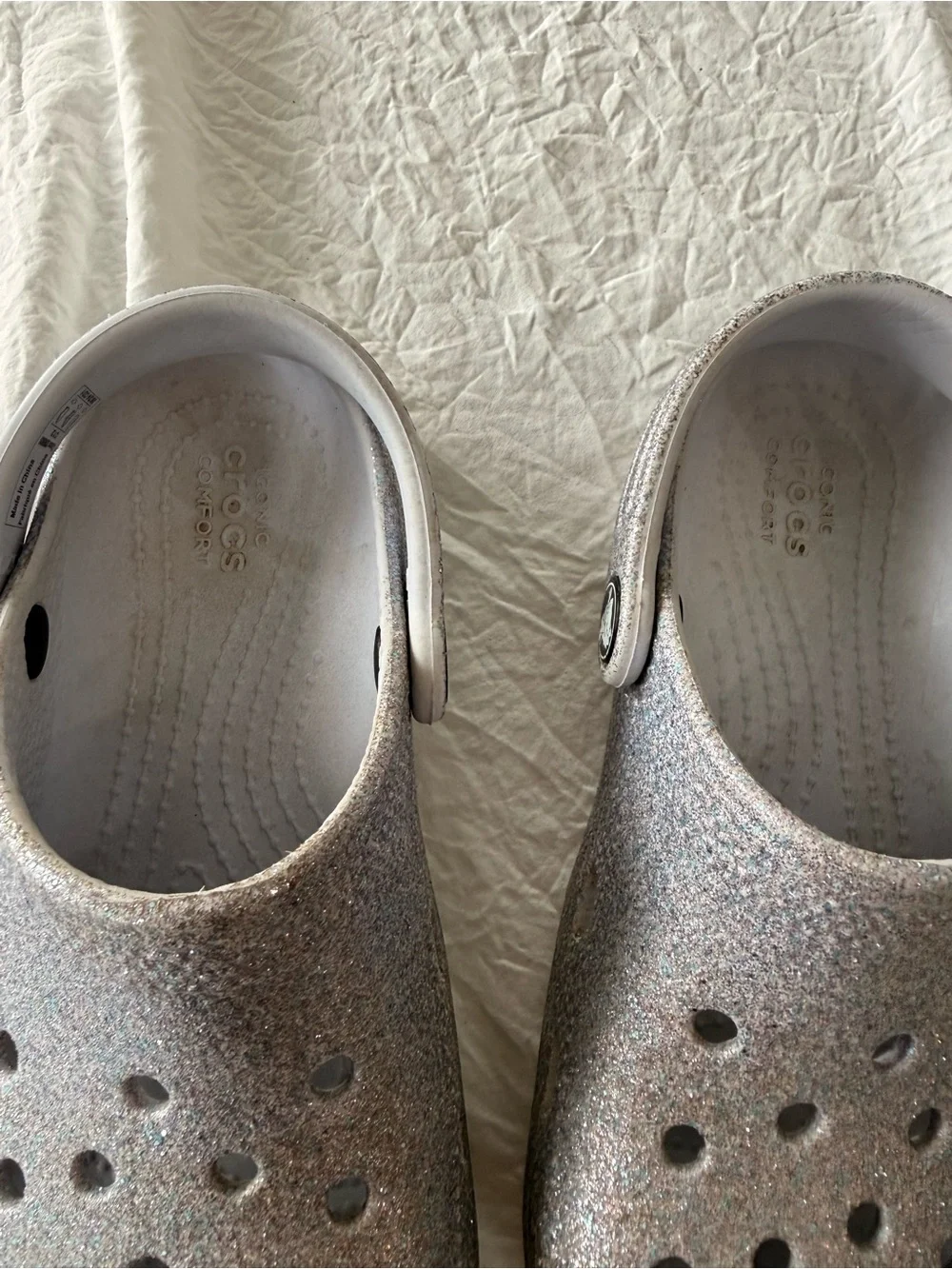 CROCS Kids Silver Glitter Clogs with Adjustable Heel Strap